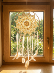 Háčkovaný lapač snů s mandalou – Teplý přírodní odstín (26 cm)